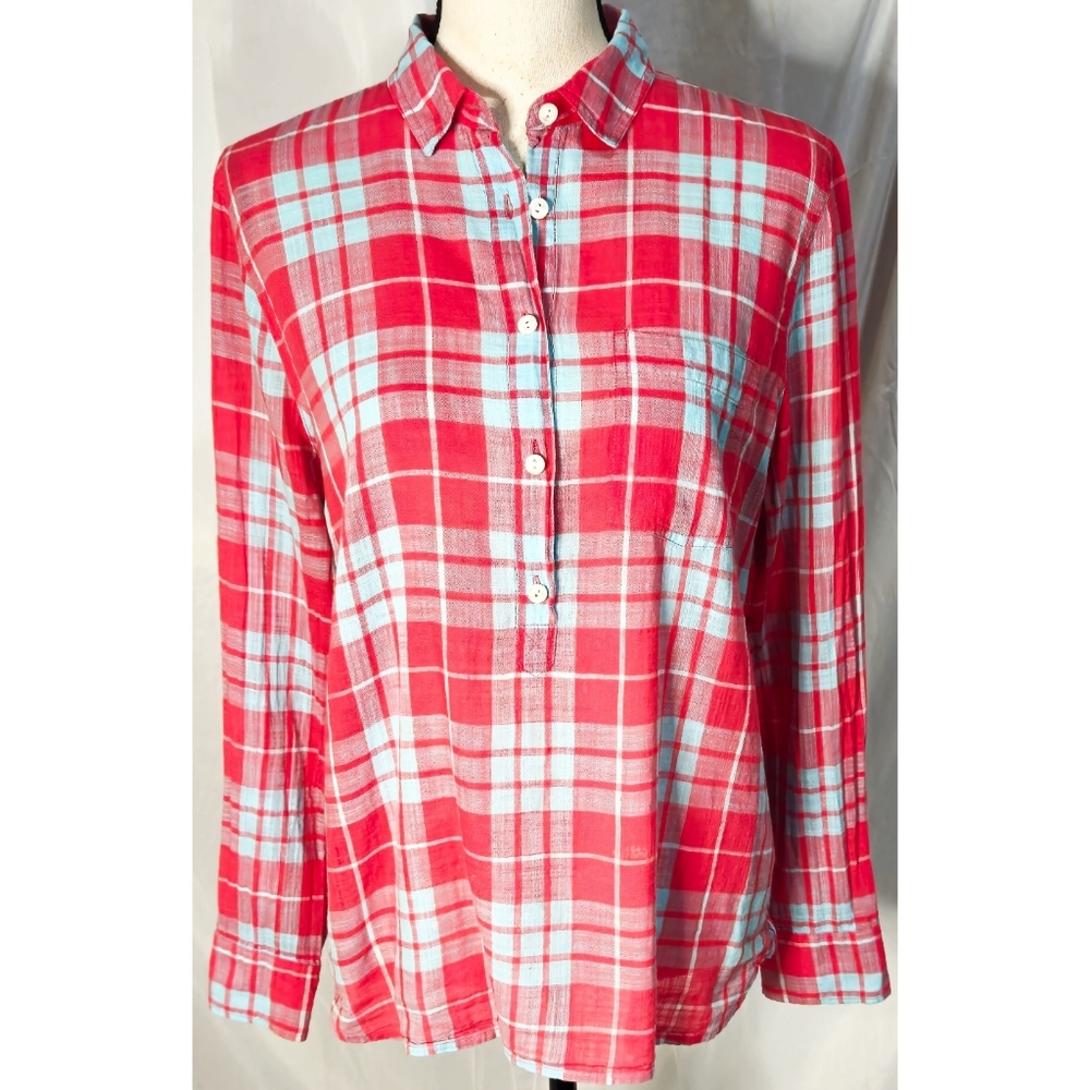 J Crew Cotton Popover Button Down Shirt Red Blue Plaid Long Sleeve Blouse